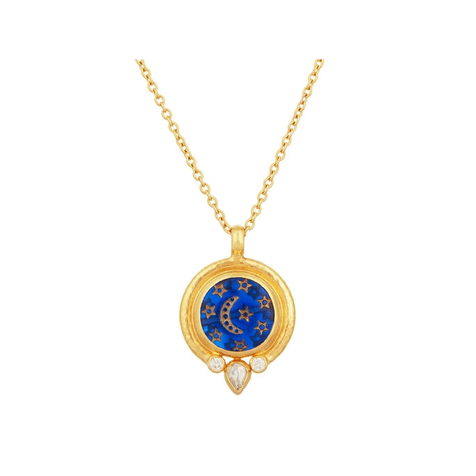 Layered necklaces and pendants for a trendy and fashionable stacked look-Gurhan One-of-a-Kind 24K Yellow Gold Moon and Stars Crystal Intaglio Diamond Pendant with 22K Chain and 18K Clasp