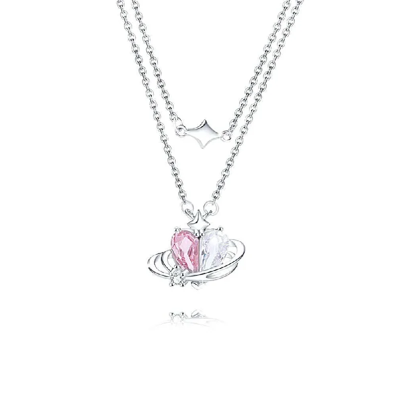 Best necklaces and pendants with glowing moonstone for an ethereal glow-925 Silver Star Pink CZ Diamond Planet Necklace