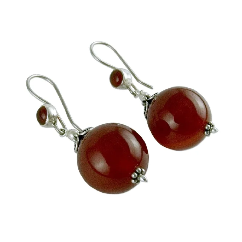 Drop Earrings with Floral Motifs -Handmade Sterling Silver Gujurati Ode Carnelian Drop Earrings (India)