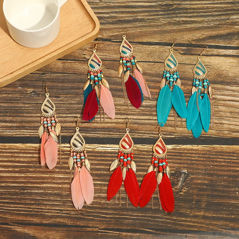 Drop Earrings with Matte Finish -Wholesale Feather Bohemian Long Tassel Earrings