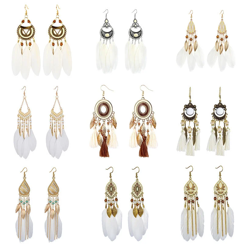 Drop Earrings with Keyhole Designs -Wholesale White Feather Tassel Long Vintage Earrings