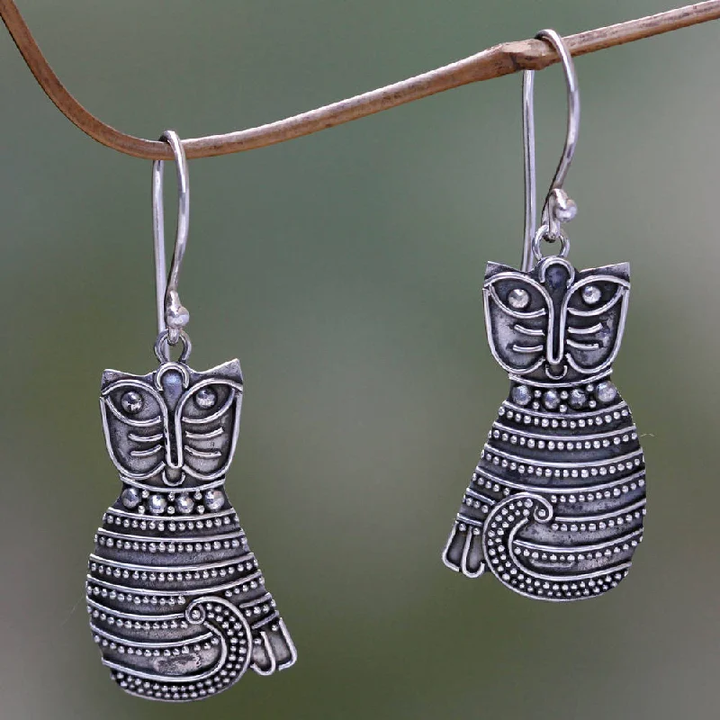 Drop Earrings for Bridesmaids Look -NOVICA Handmade Sterling Silver 'Balinese Cat' Earrings (Indonesia)