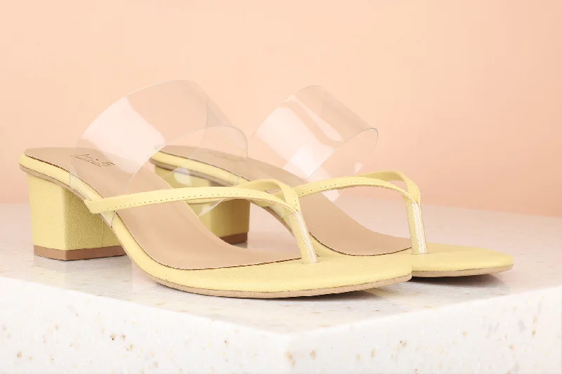 Slip-on sandals for women with adjustable straps and flexible material for comfort-Women Yellow Solid Block Heels