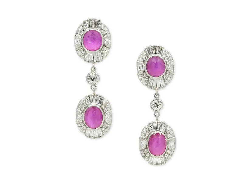 Oval Drop Earrings for Grace -Beladora 'Bespoke' Art Deco Star Ruby and Diamond Earrings in Platinum