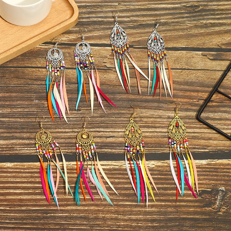 Drop Earrings with Symbolic Elements -Wholesale Vintage Slender Feather Earrings