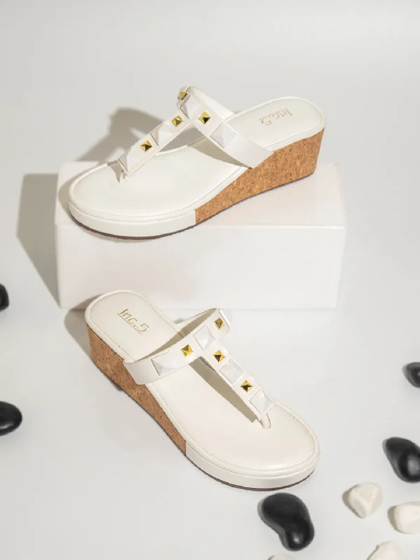 Casual sandals for men with open-toe design and soft leather upper-Women White Solid Wedge Heels