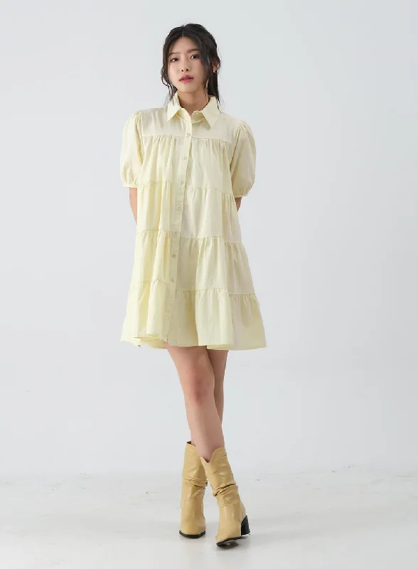 Bohemian Dresses with Tassels -Collared Short Sleeve Ruffle Hem Mini Dress OY16