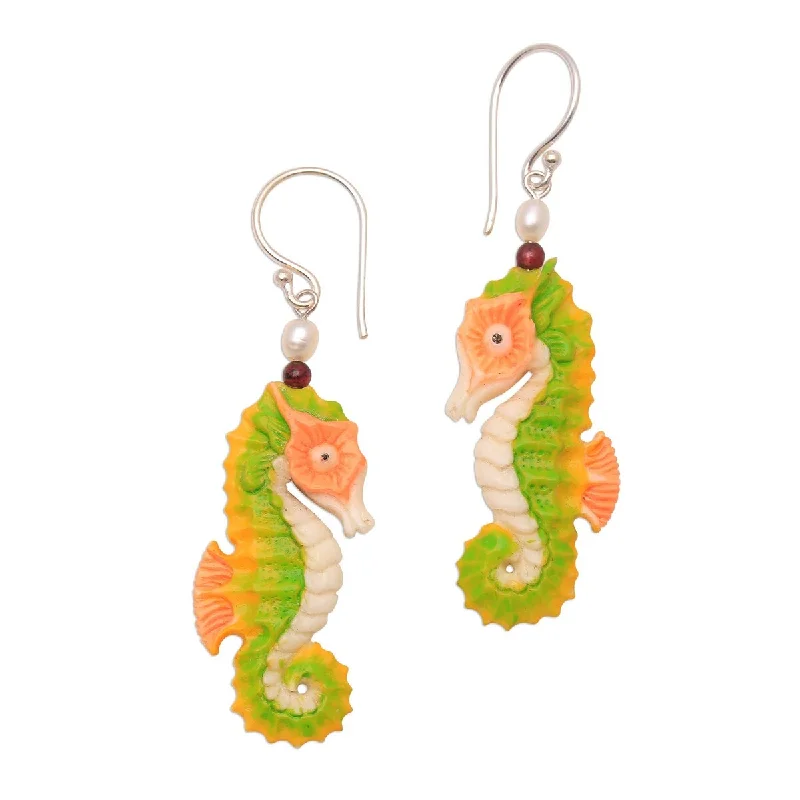 African Drop Earrings with Culture -NOVICA Happy Seahorses, Bone dangle earrings - 2.2*0.4