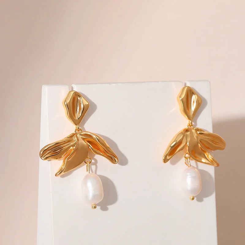 Drop Earrings for School Uniform -Wholesale Pearl S925 Silver Needle Leaf Plated 18K Real Gold Earrings