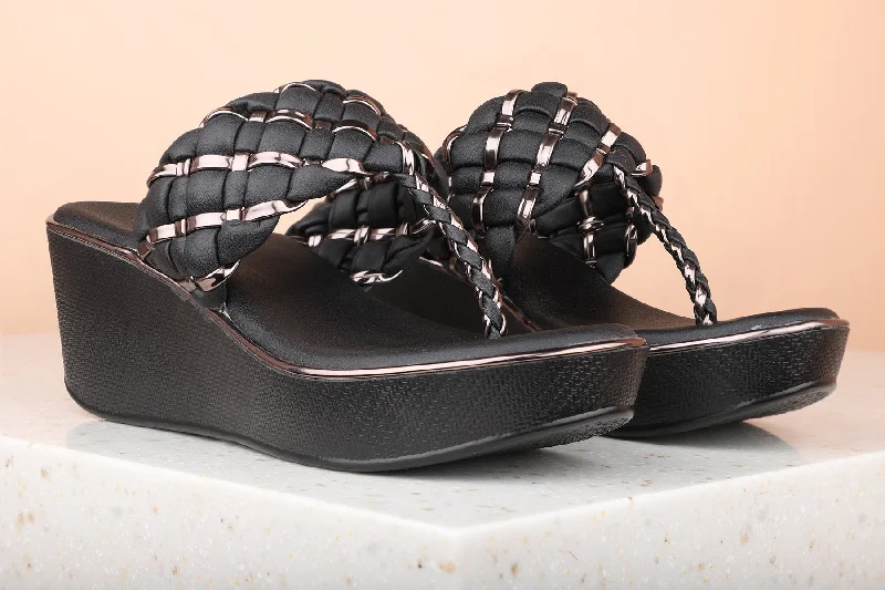 Summer sandals for women with simple design and flexible, comfortable fit-Women Black Textured Wedge Heels