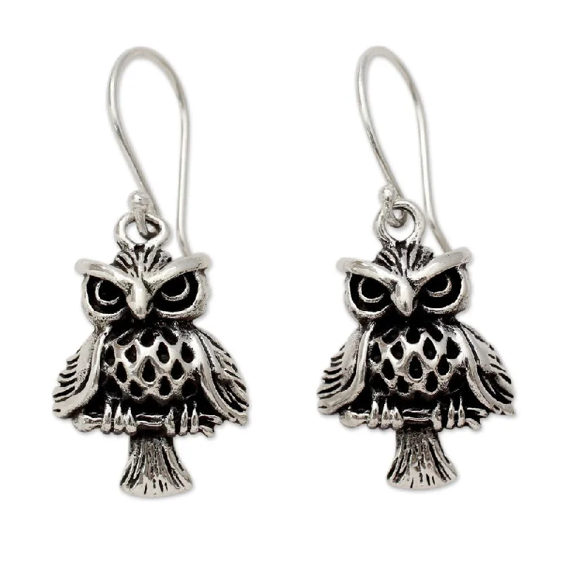 Drop Earrings for Wedding Ceremony -Handmade Sterling Silver 'Owl at Midnight' Earrings (India)