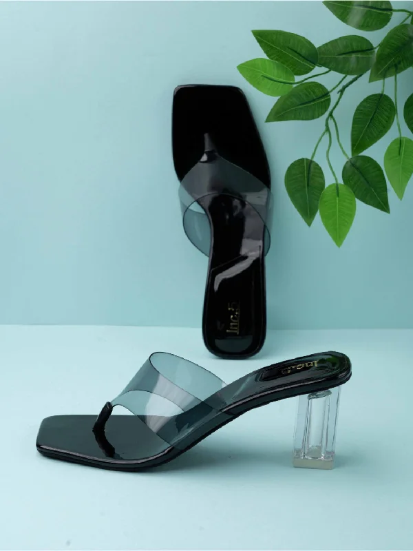 Casual sandals for women with wide straps and flat sole for relaxed fit-Womens Black Party Wear Transparent Block Heels