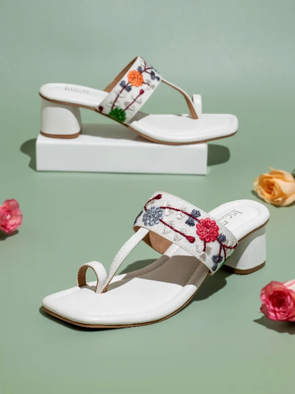 Fashionable sandals for men with canvas material and slip-resistant soles for durability-Women White Embroidered Ethnic Block Heels