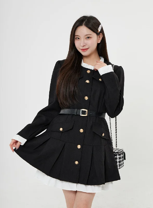 Long-sleeved Dresses for Coverage -Gold Button Layered Mini Dress And Belt Set BO28