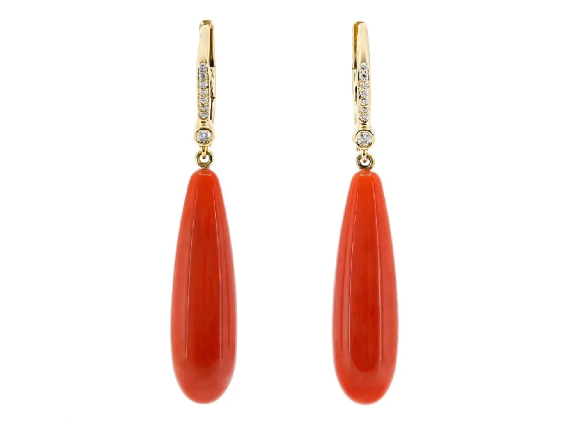 Long Drop Earrings for Dramatic -Beladora 'Bespoke' Red Coral and Diamond Dangle Earrings in 18K Gold