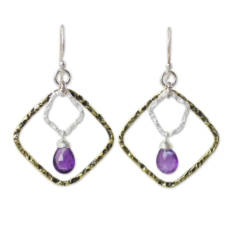 Drop Earrings for Birthday Celebration -Handmade Gold Overlay 'Dichotomy' Amethyst Earrings (Thailand)