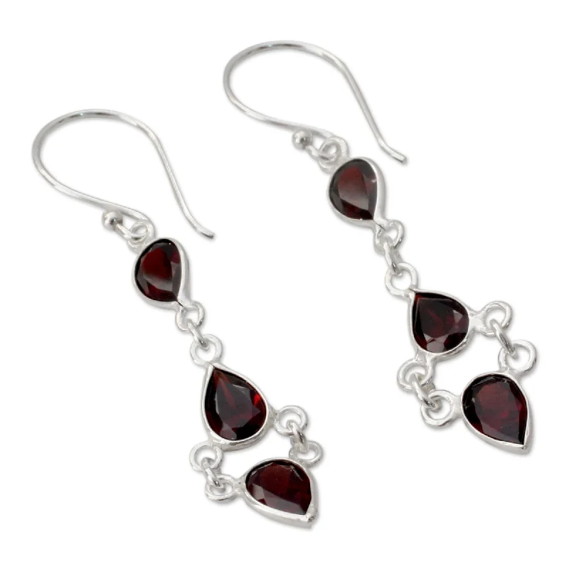 Punk Drop Earrings with Spikes -Sterling Silver 'Mystic Wonder' Garnet Earrings - Red