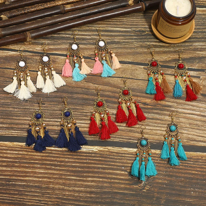 Studded Drop Earrings with Gemstones -Wholesale Vintage Long Tassel Bohemian Earrings