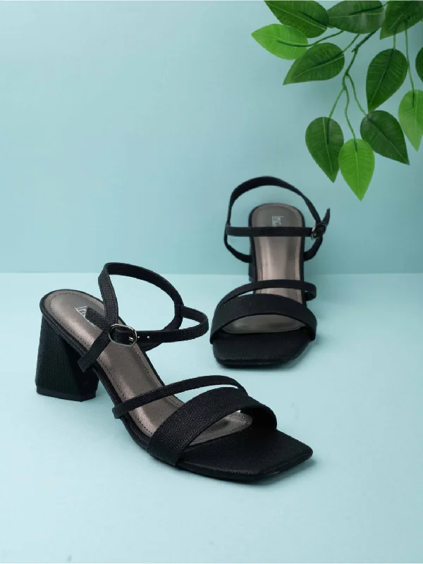 Comfortable sandals for men with cushioned footbed and supportive straps-Womens Black Party Wear Striped Square Heels