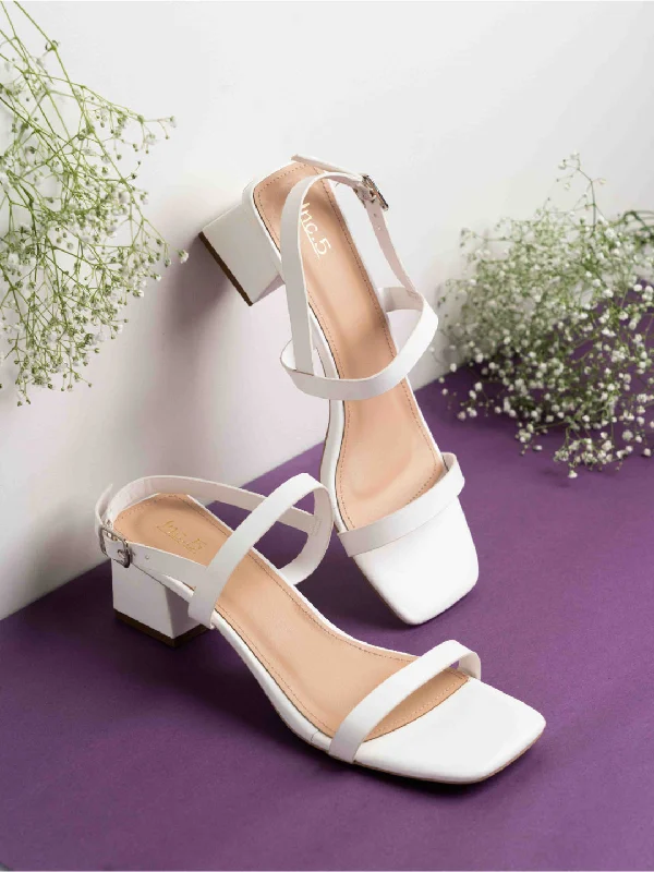 Comfortable sandals for women with soft cork footbed and rubber outsole-Womens White Party Wear Striped Square Heels