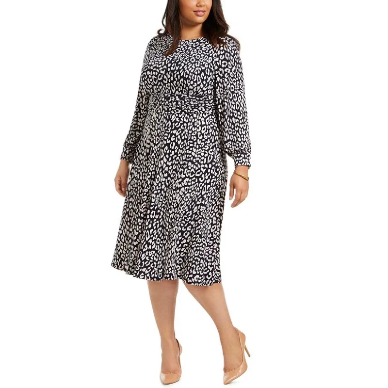 Pencil Dresses for Slimming -Jessica Howard Womens Plus Printed Long Sleeve Midi Dress