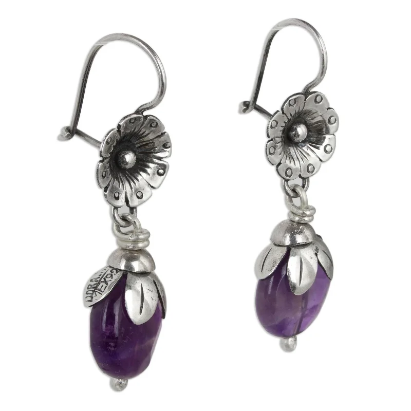 Clip On Drop Earrings for Non Pierced -Sterling Silver 'Budding Amethyst' Amethyst Earrings - 1.6*0.5