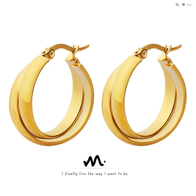 Drop Earrings with Enamel Coating -Wholesale Titanium Steel 18k Gold Plated Double Piece U Shape Earrings