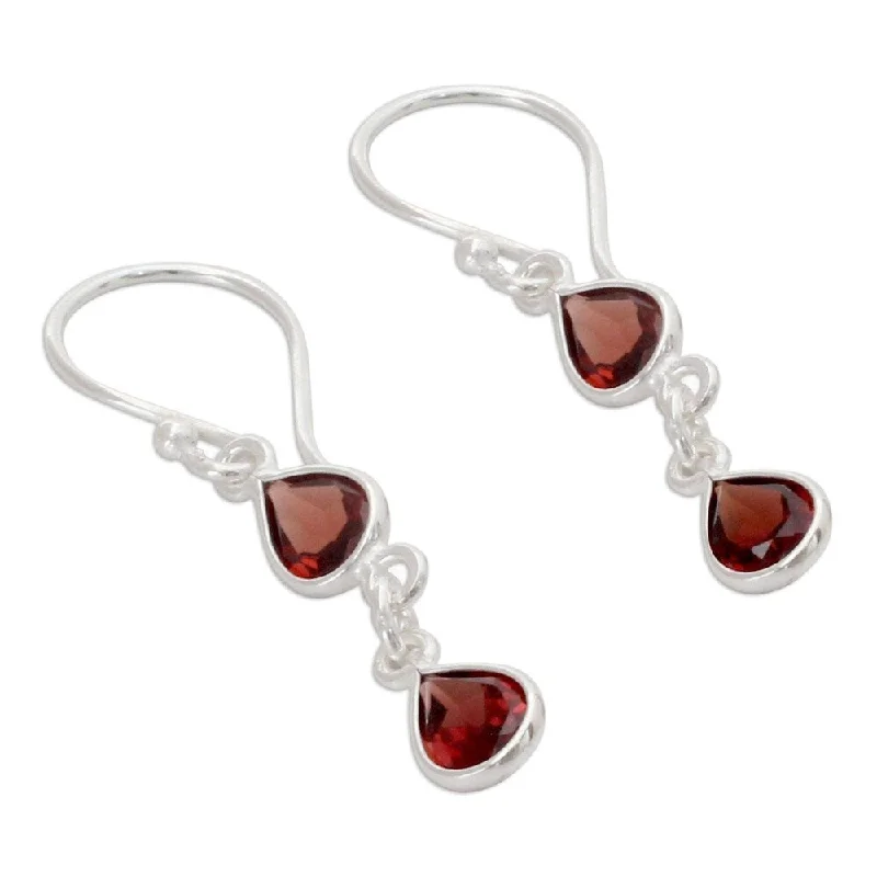 Drop Earrings with Hammered Finish -Handmade Sterling Silver Mystical Femme Garnet Earrings (India) - 1.6*0.2