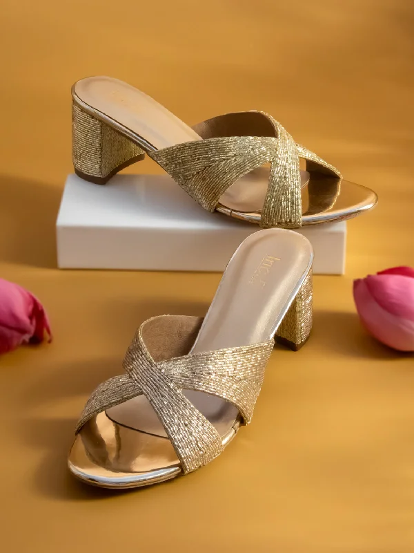 Comfortable sandals for men with textured footbed and durable straps for long wear-Women Gold Embellished Block Heels