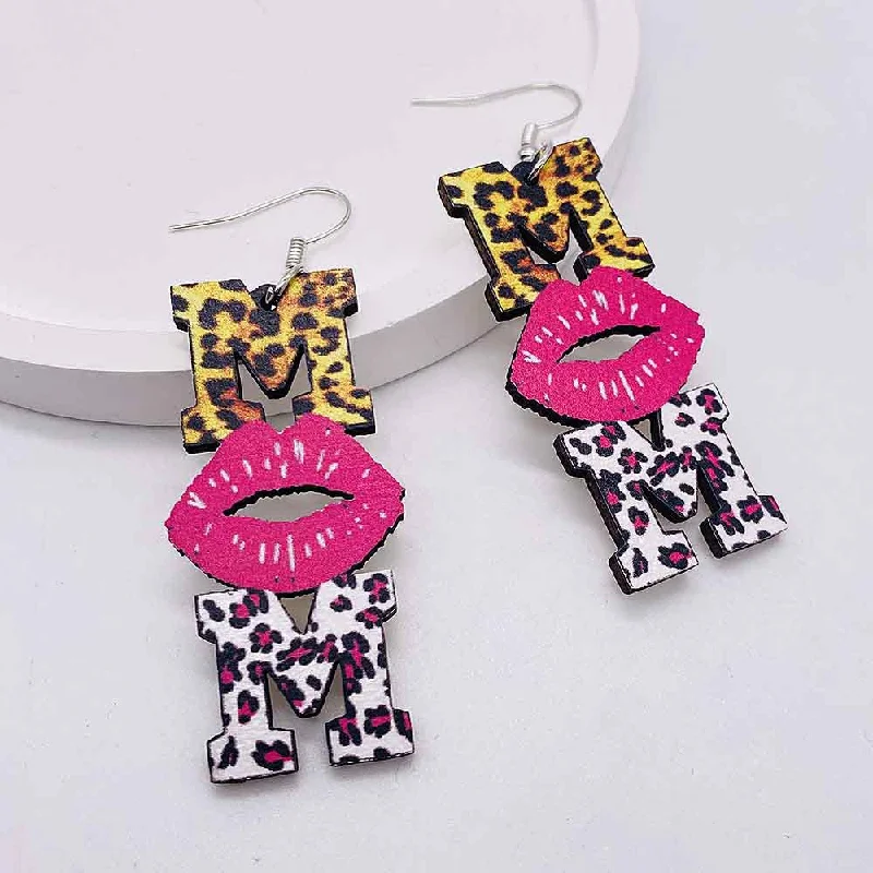 Diamond Drop Earrings for Luxury -Wholesale Mother's Day MOM Leopard Pink Lip Print Wooden Earrings