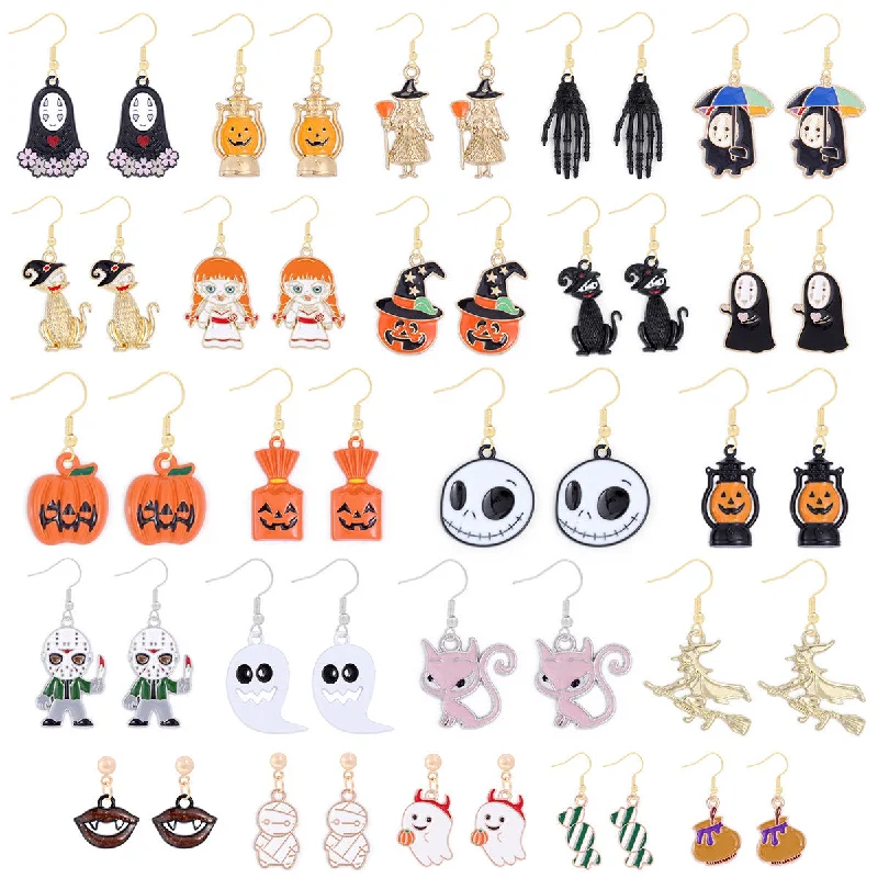 Heavy Duty Drop Earrings for Durability -Wholesale Halloween Alloy Oil Dripping Funny Horror Pirate Skull Pumpkin Earrings