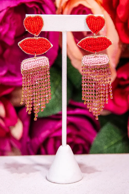 Drop Earrings for Mother's Day -Red/Pink Seed Beads Lip Crystal Tassel Earrings - EAR4461RD