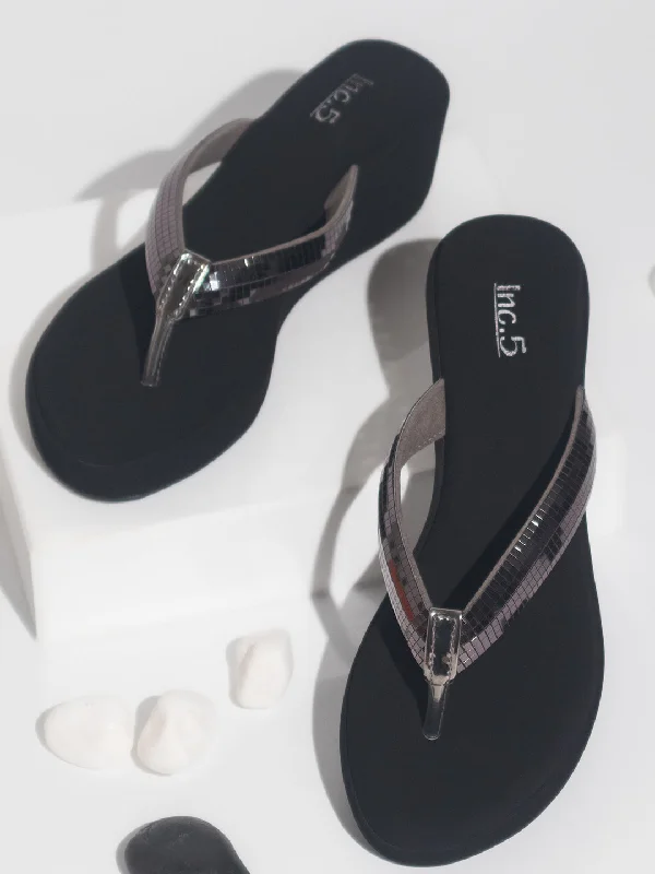 Elegant sandals for evening wear with crystal embellishments and high heels-Women Pewter Embellished Wedge Heels