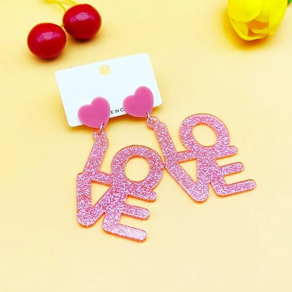 Star Shaped Drop Earrings for Charm -Wholesale Valentine's Day Pink Sequin LOVE Acrylic Earrings