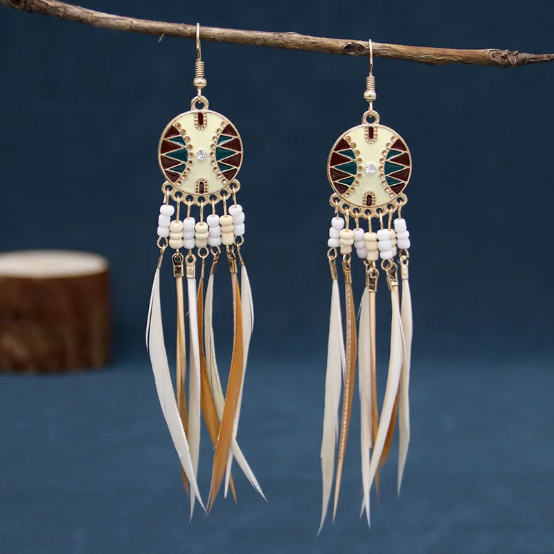 Gemstone Drop Earrings for Color -Wholesale Tassel Thin Feather Long Ethnic Style Earrings