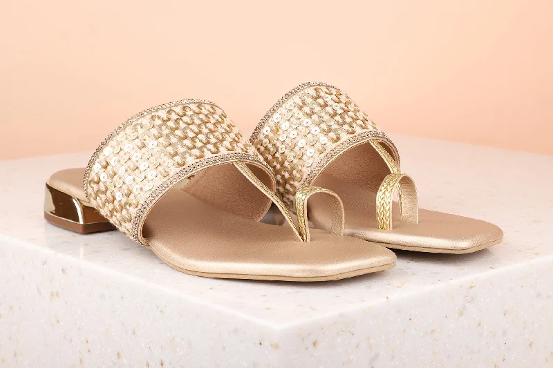 Comfortable sandals for men with velcro straps and soft material construction-Women Gold-Toned Sequin Embellished Ethnic Block Heels