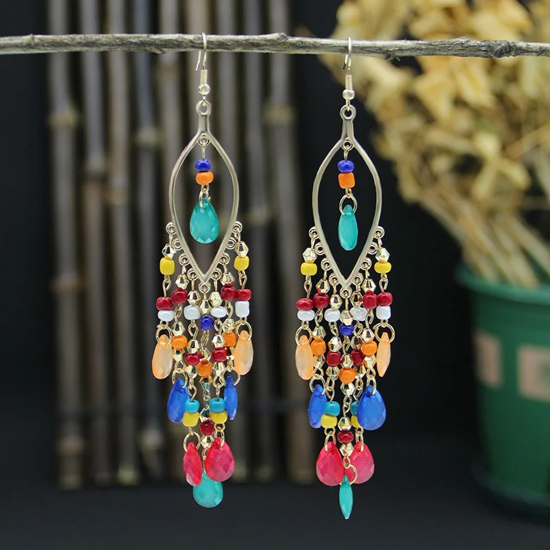 Detachable Drop Earrings with Charms -Wholesale Bohemian Long Teardrop Tassel Earrings