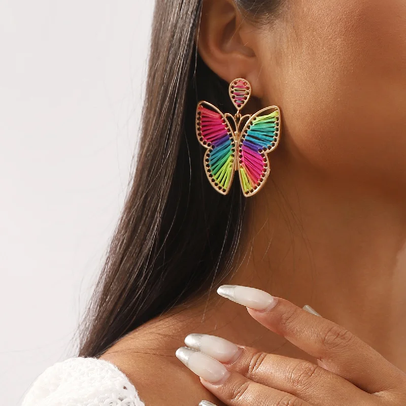 Drop Earrings for Festival Style -Wholesale Cotton Thread Braided Butterfly Bohemian Ethnic Style Alloy Earrings