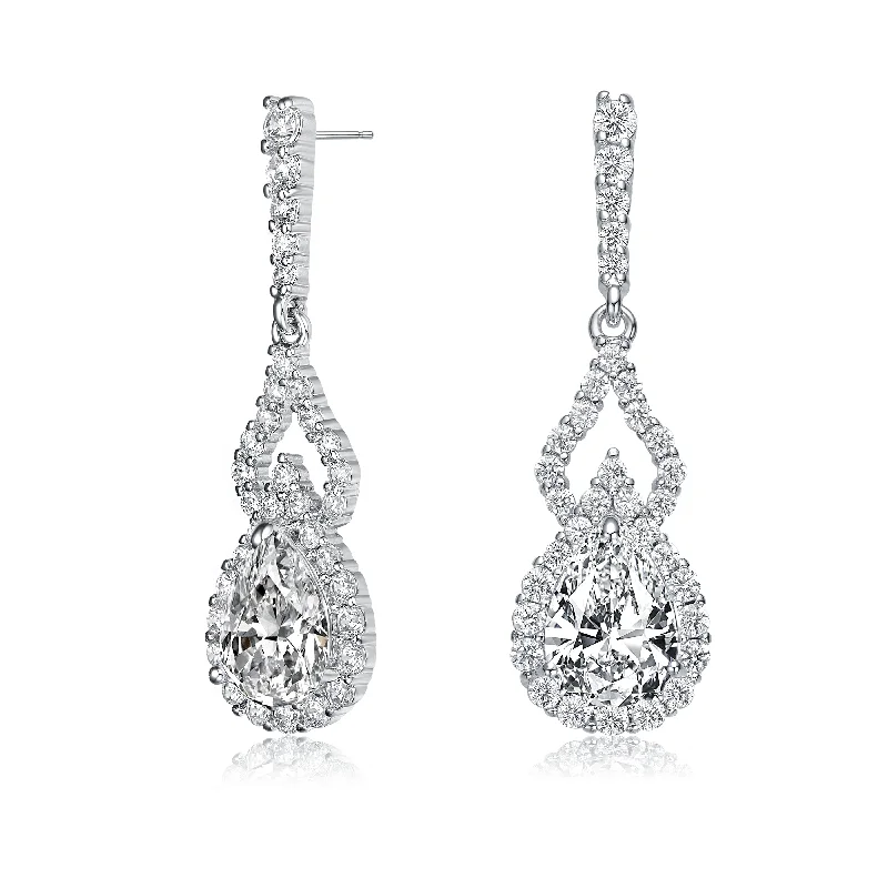 Rhinestone Drop Earrings for Sparkle -Sterling Silver With Rhodium Plated Clear Pear And Round Cubic Zirconia Halo With Open Pear Drop Earrings