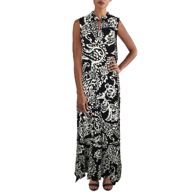 Denim Dresses for Casual Style -MSK Womens Printed Tie Neck Maxi Dress