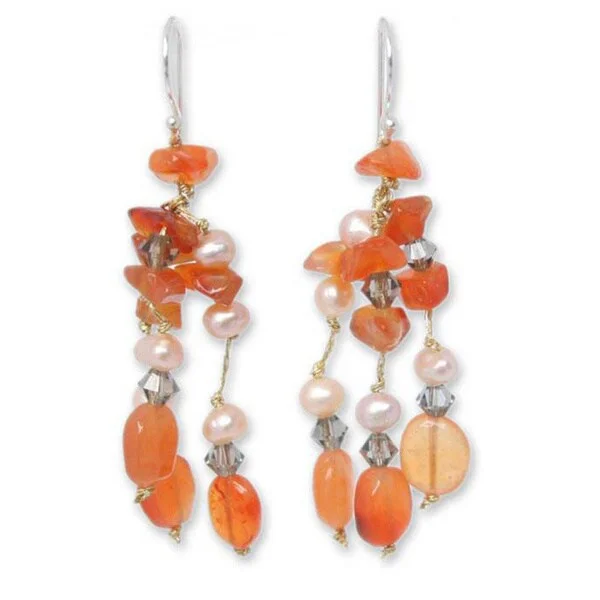 Push Back Drop Earrings for Convenience -Handmade 'Tangerine Ice' Freshwater Pearl Carnelian Earrings (4 mm) (Thailand)