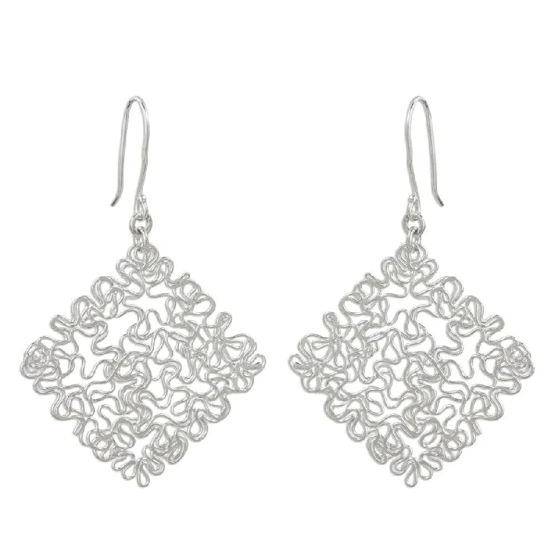 Drop Earrings for Engagement Party -Handmade Sterling Silver 'Freedom Square' Earrings (Thailand) - White - 2.5*1.7