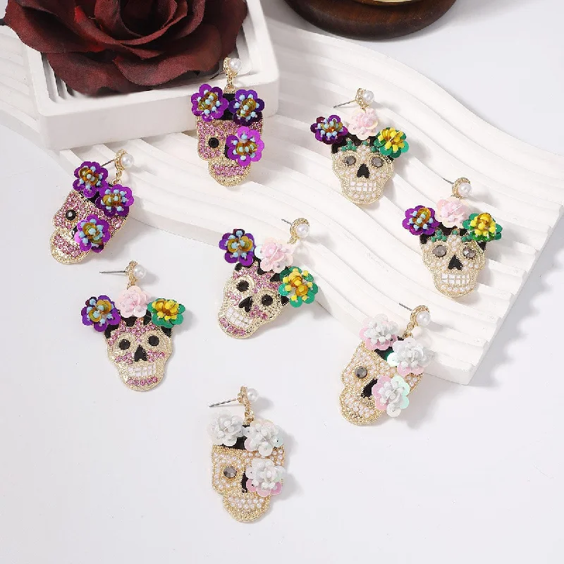 Drop Earrings for Anniversary -Wholesale Halloween Inlaid Zircon with Sequined Skull Earrings