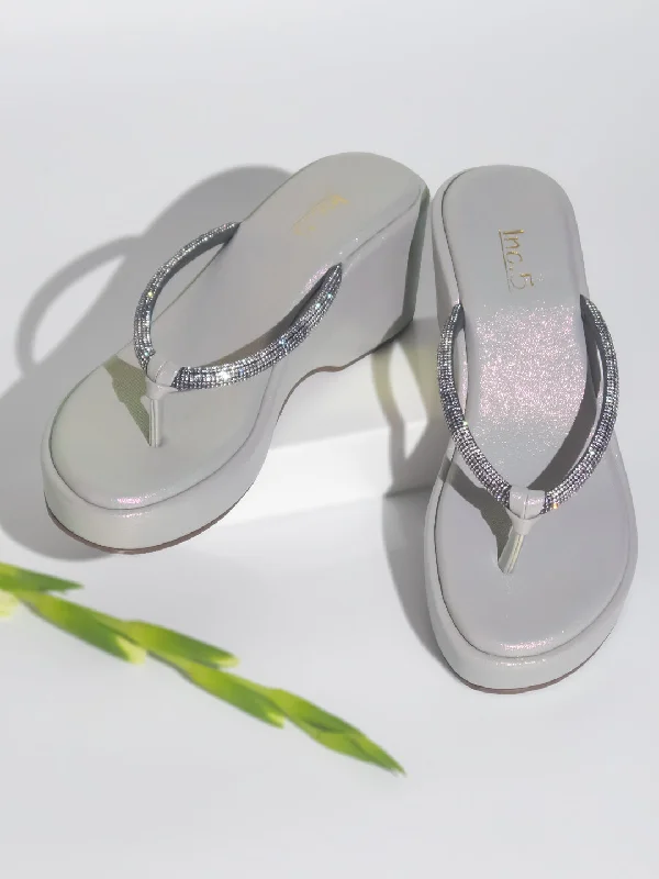 Elegant sandals for evening events with satin finish and embellished details-Women Pewter Embellished Wedge Heels