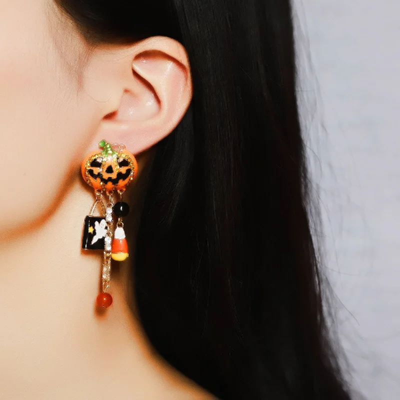 Drop Earrings for Festival Style -Wholesale Halloween Creative Fashion Oil Drop Funny Zircon Inlaid Pumpkin Skull Tassel Earrings