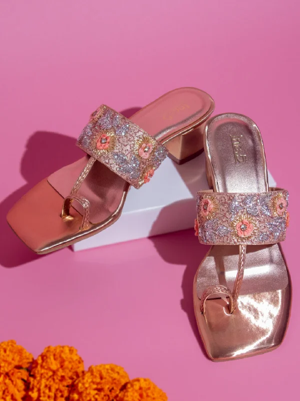 Comfortable sandals for women with padded straps and soft footbed for long wear-Women Rose Gold Embellished One-Toe Block Heels