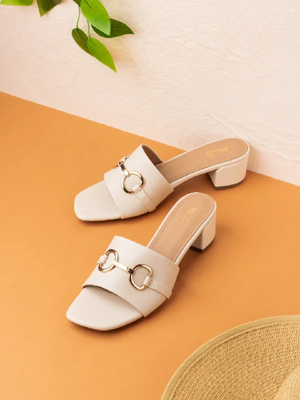 Comfortable sandals for women with plush straps and flexible soles for daily use-Womens Cream Solid Round Toe Party Wear Block Heels Sandals