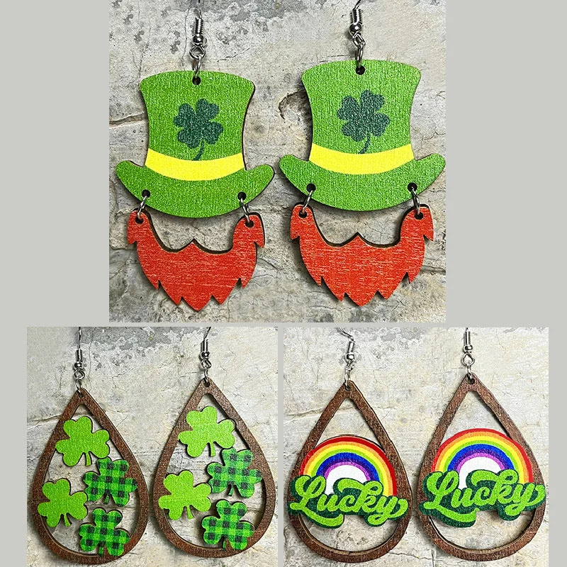 Gothic Drop Earrings with Dark Tone -Wholesale 2 pairs/pack St. Patrick's Day Clover Green Rainbow Bearded Wooden Earrings