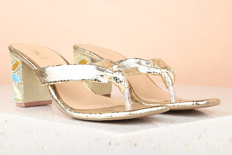 Comfortable sandals for men with slip-resistant soles and adjustable straps for comfort-Women Gold Embellished Block Heels