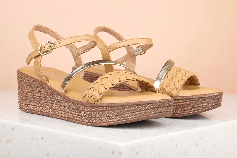 Fashionable sandals for women with ankle straps and chic metallic finishes-Women Chikoo Textured Wedge Heels